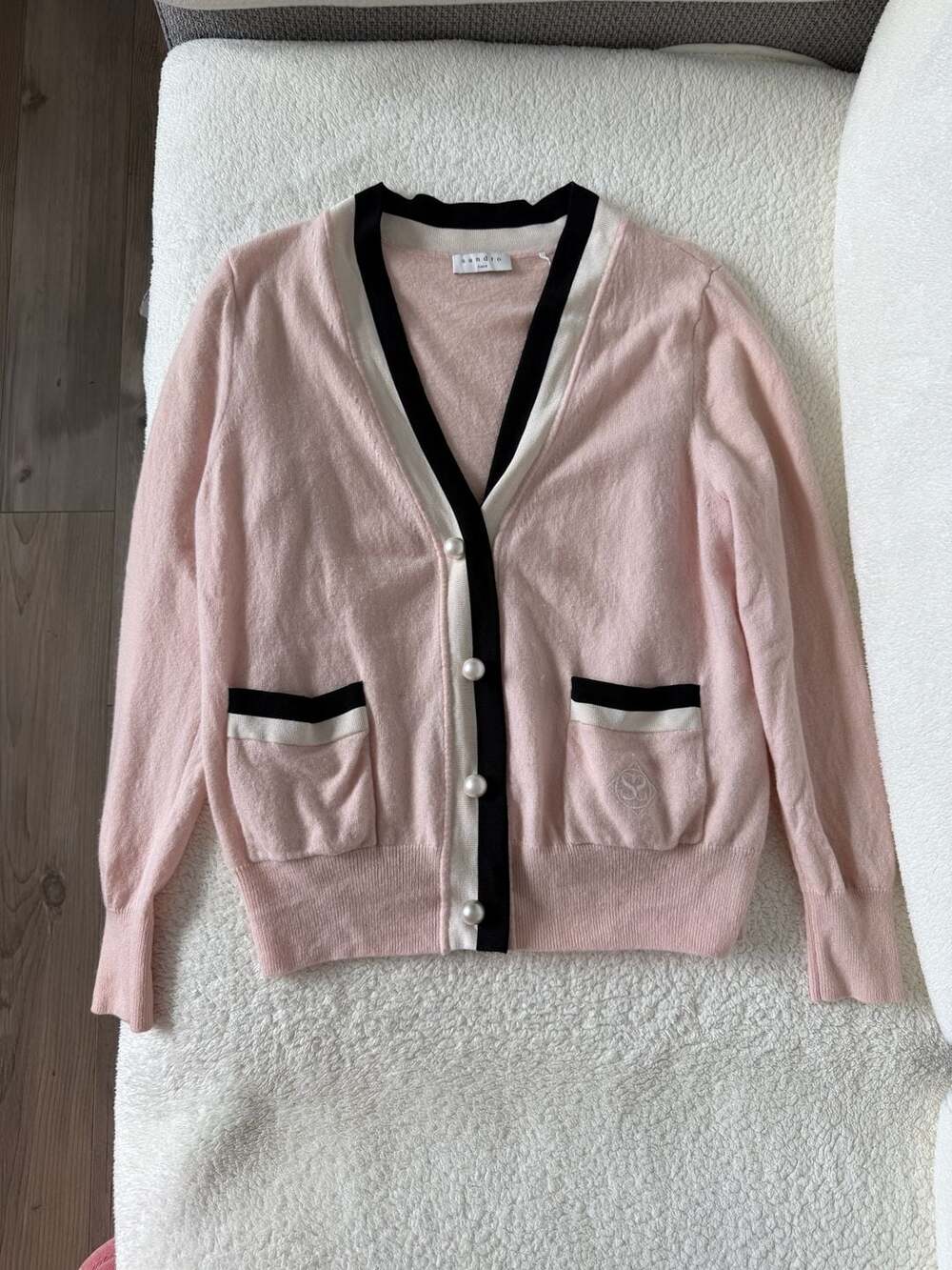 Sandro Paris Pink Wool & Cashmere Blandine Cardigan with Pearl Buttons